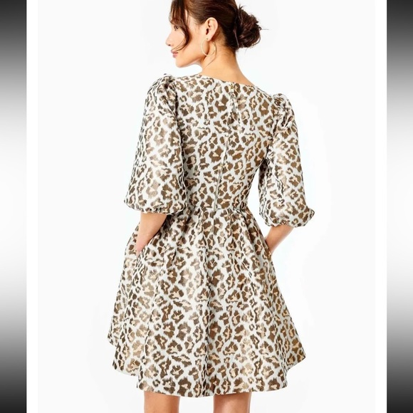 SOLD.  NWT Lilly Pulitzer Calyssa Dress Gold Metallic Leopard Jacquard | 12 - Picture 2 of 12